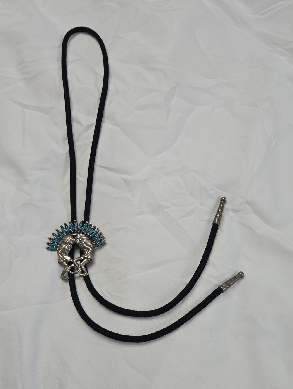 Native American Turquoise Silver Tone Bolo Tie - Black Cord